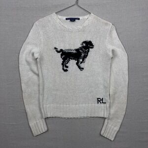 Vintage Ralph Lauren Sport Womens White Knit Dog Graphic Sweater RL Logo Size L